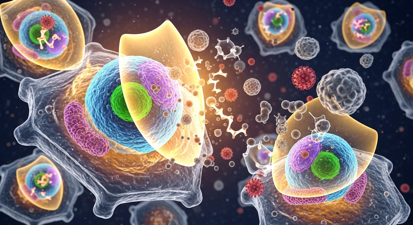 A microscopic view of healthy cells being protected by shield-like antioxidants, vibrant and clean cellular environment, scientific concept art