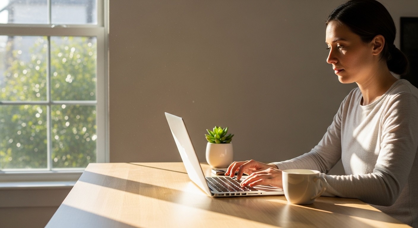 A person sitting at a desk in a bright, minimalist home office, focused on a laptop with a cup of coffee nearby. Sunlight streams through a window. The atmosphere is calm and productive.
