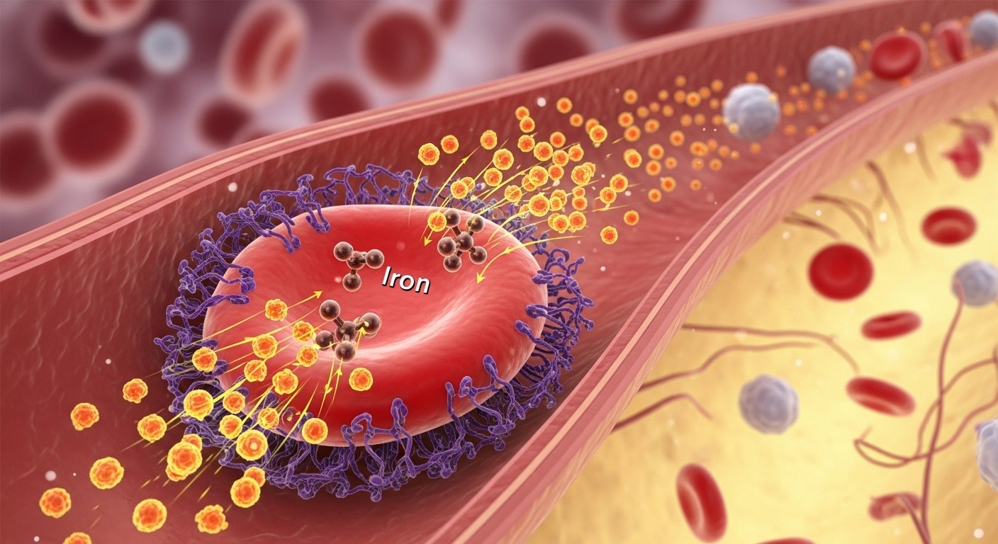 A detailed illustration of a pregnant woman's blood cells, showing iron molecules being absorbed, with glowing vitamin C particles enhancing the process. The background is a scientific yet organic representation of the human circulatory system, in a vibrant, clean style.