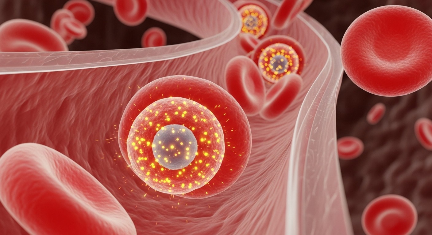 A microscopic 3D render of vibrant red blood cells carrying oxygen through a capillary, with glowing iron atoms within their structure, high detailed, scientific illustration