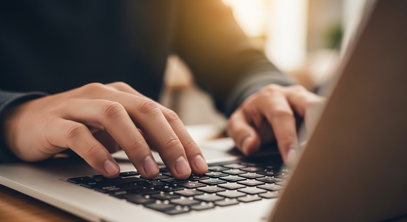 A close-up photograph of a focused person's hand typing on a laptop keyboard, with a subtle glow emanating from the screen, suggesting deep concentration. The background is softly blurred.