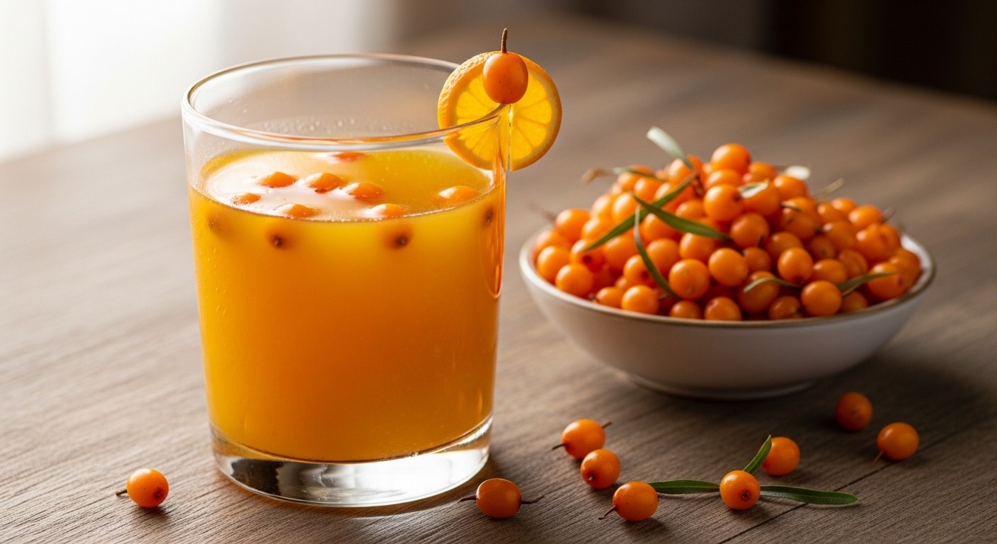 A glass of golden sea buckthorn juice with fresh berries in a bowl next to it, on a wooden table, soft natural light, real image