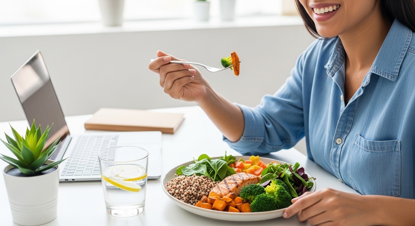 A person happily eating a healthy meal at their desk, illustrating efficient and enjoyable nutrition without post-meal drowsiness.
