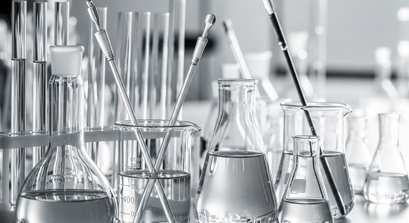 A close-up photograph of a meticulously arranged set of scientific beakers and test tubes, filled with clear liquids, reflecting light and precision in a clean laboratory environment.