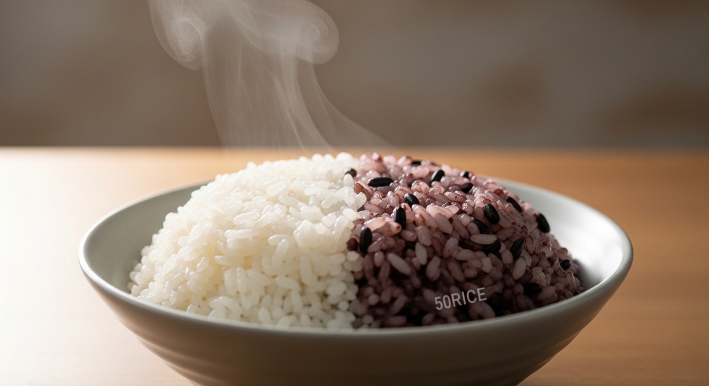 A beautifully plated bowl of mixed rice, half white rice and half 50RICE, with steam gently rising, minimalist background, natural light, real image