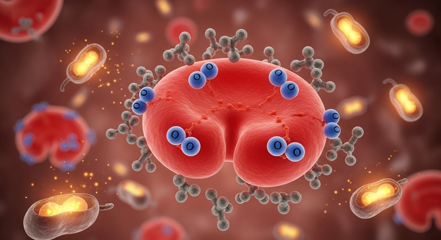 A detailed illustration of a red blood cell carrying oxygen, surrounded by iron molecules and glowing mitochondria, symbolizing energy production and vitality within the body.