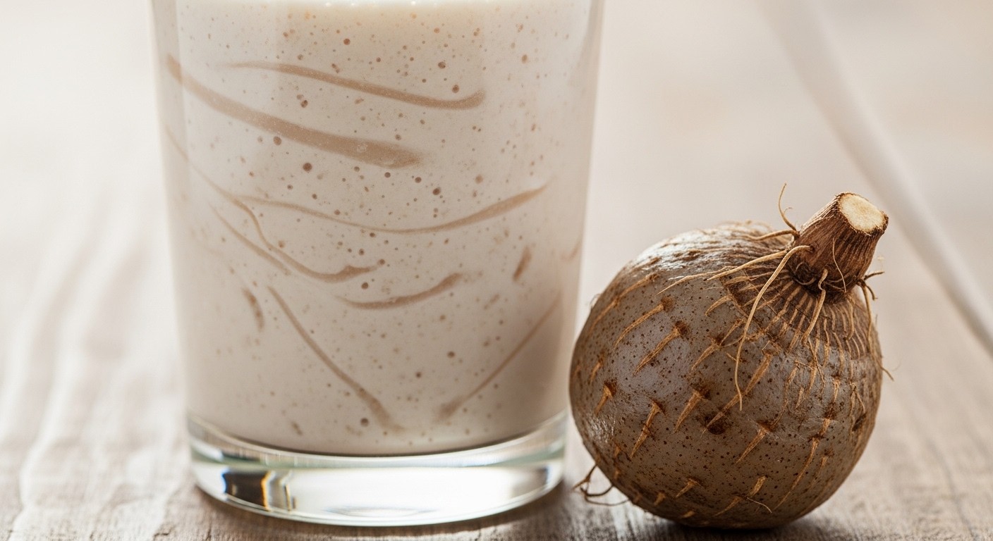 A close-up of a glass of creamy, healthy smoothie with a subtle texture suggesting glucomannan, next to a small, fresh konjac root. Soft focus background. Real image, photograph.