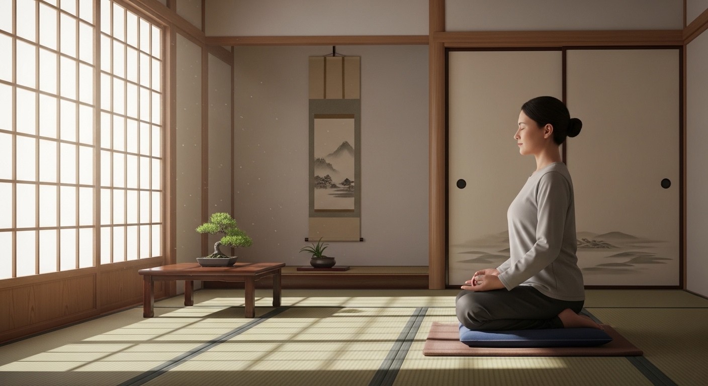 A person deeply focused while meditating in a minimalist Japanese room, sunlight streaming through shoji screens, calm and serene atmosphere, high detail, no text