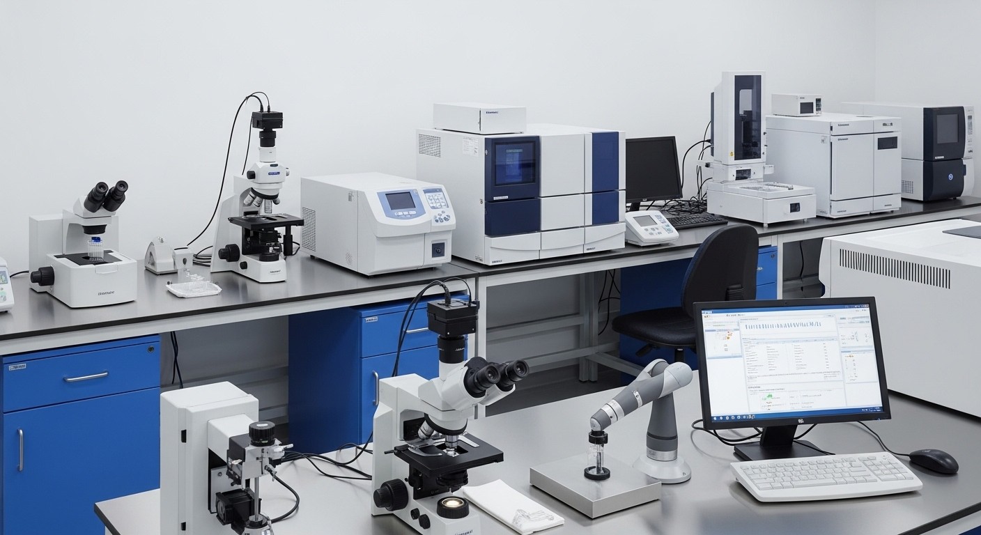 A high-resolution photograph of a scientific laboratory with clean, modern equipment, focusing on precise measurements and quality control.