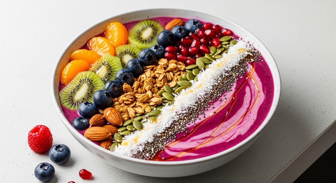A vibrant smoothie bowl with various colorful superfoods, nuts, and seeds artfully arranged on top, representing a nutritious and balanced meal. The background is a clean, minimalist kitchen counter.