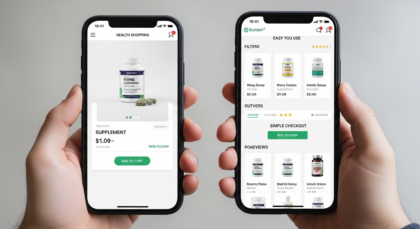A person holding a smartphone, comparing different online shopping interfaces for health supplements, with a focus on ease of use and price display, minimalist and clean design, real image, photograph