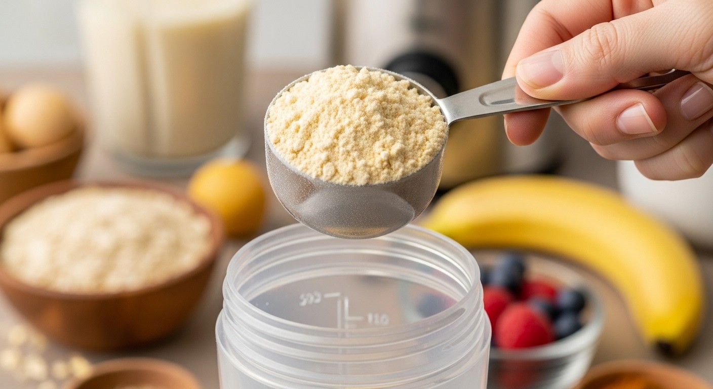 A close-up shot of a hand holding a scoop of soy protein powder, poised over a shaker bottle, with a blurred background of healthy ingredients, emphasizing preparation and natural health.