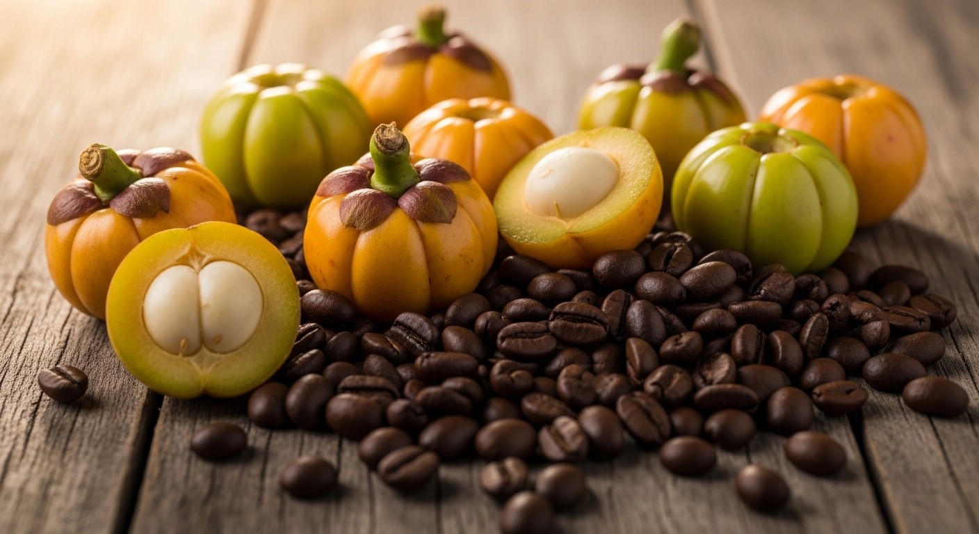 A close-up photograph of garcinia cambogia fruits and roasted coffee beans scattered on a rustic wooden surface, highlighting the natural ingredients. The lighting is warm and inviting, suggesting a blend of nature and daily ritual. No text, no charts, no diagrams, real image.