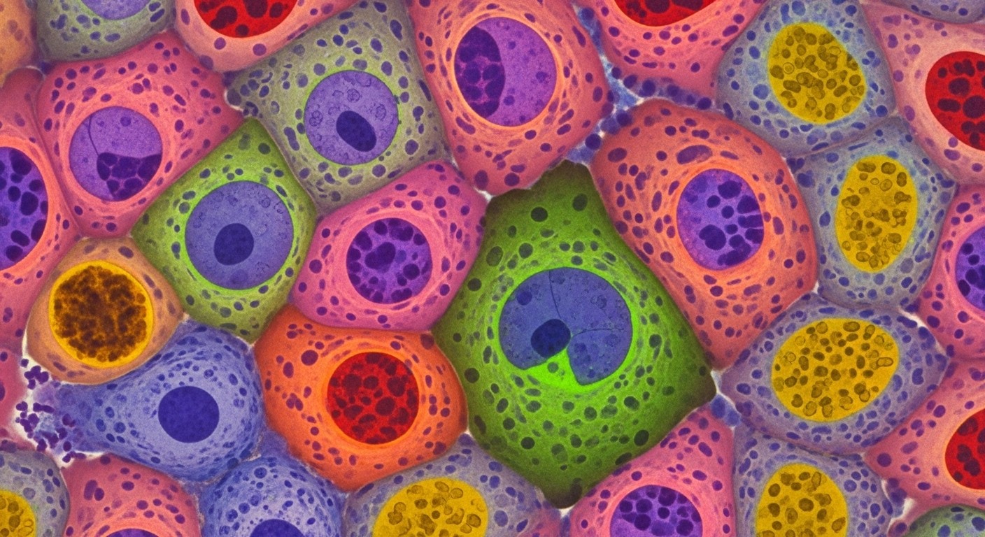 Close-up of healthy human cells under a microscope, vibrant and active, representing cellular health and rejuvenation. photograph, real image