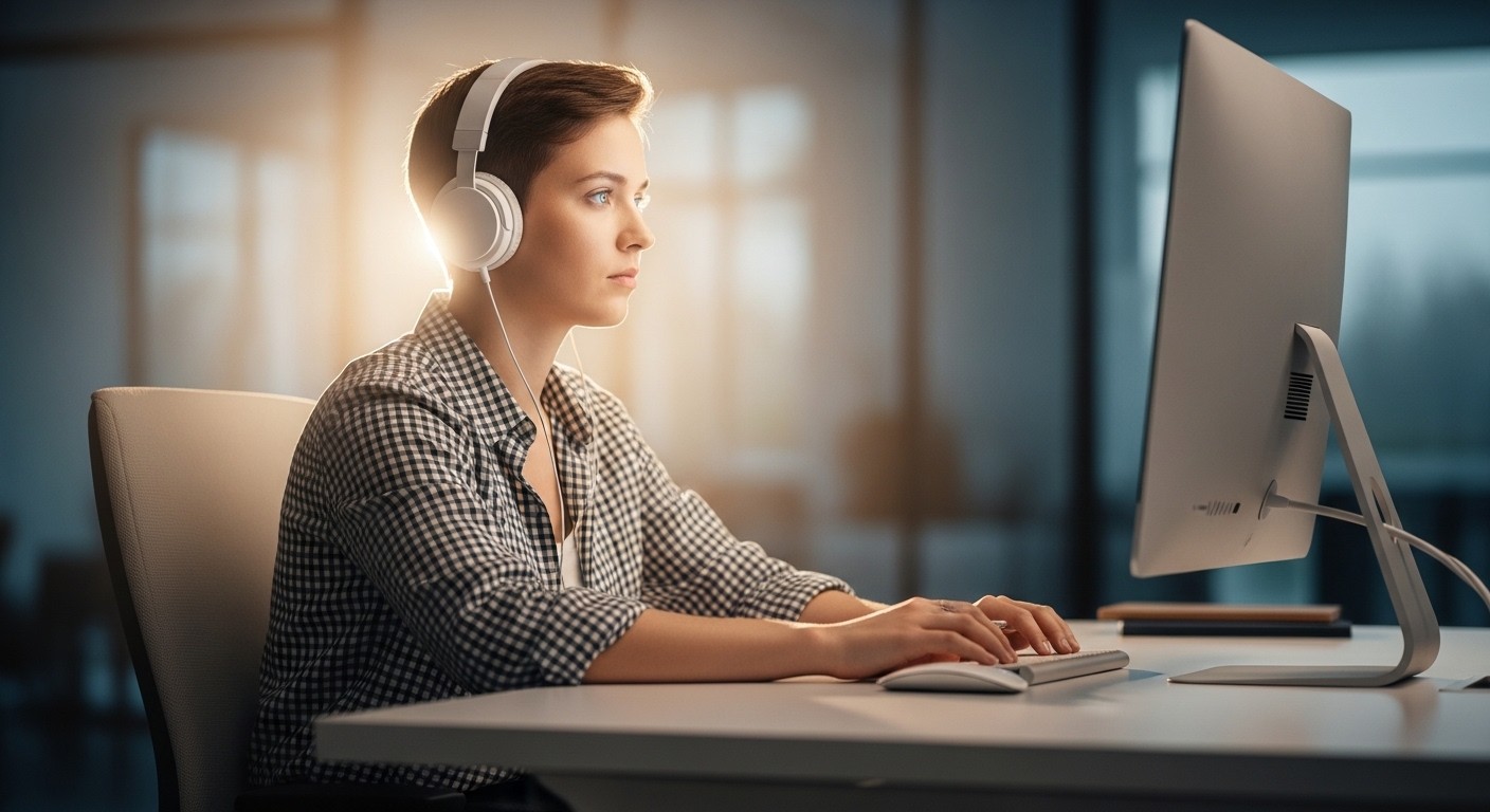 A person with a clear, focused expression, sitting at a modern desk with a subtle glow around them, symbolizing enhanced mental clarity and vitality.