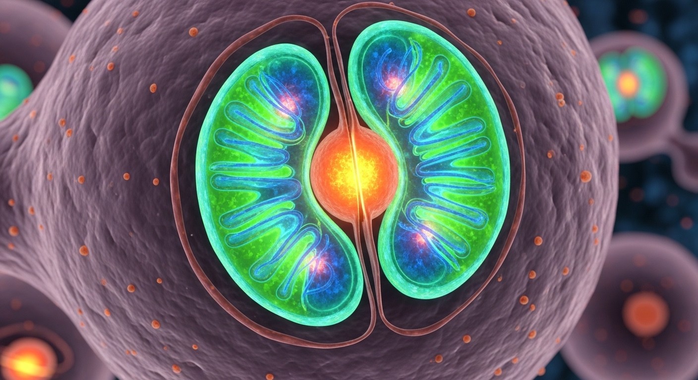 A microscopic 3D render of vibrant mitochondria cells multiplying inside a human body, glowing biological structures, soft focus, high detailed, science laboratory concept
