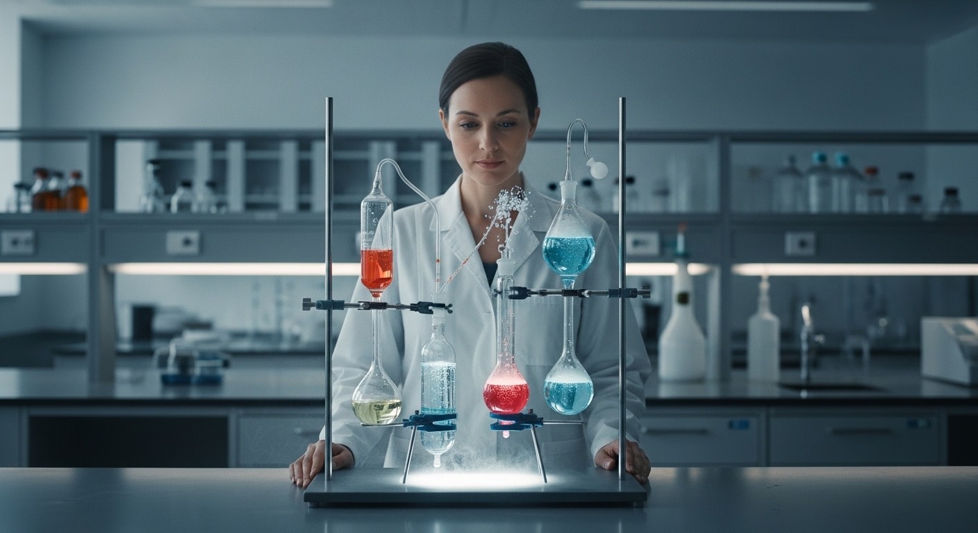 A clean, modern laboratory interior with a scientist in a white coat observing a delicate experiment through glassware, conveying precision and scientific rigor. No text or complex diagrams.