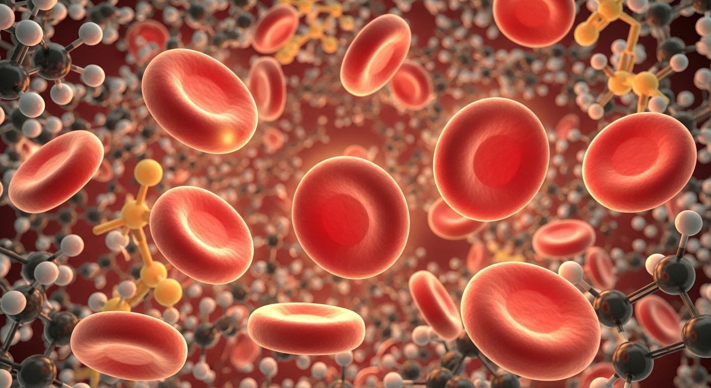 A magnified view of healthy red blood cells carrying oxygen, with a subtle glow representing vitality, set against a background of intertwined iron molecules and vitamin C structures, rendered in a high-detailed, scientific illustration style with vibrant, natural colors
