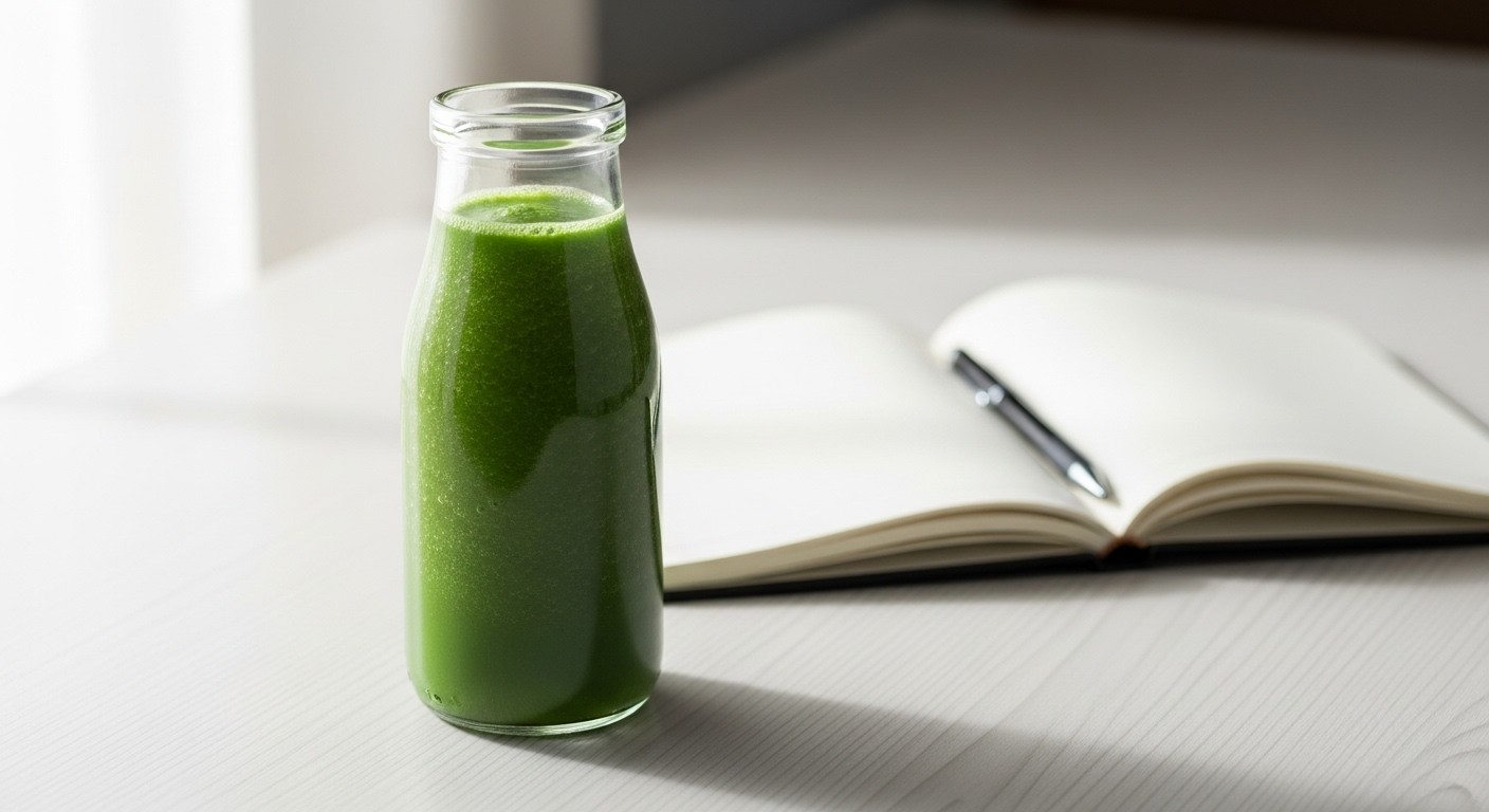 A vibrant green smoothie in a clear glass bottle, placed on a clean wooden desk next to a notebook and a pen, implying a healthy and productive work environment, real image, soft natural light