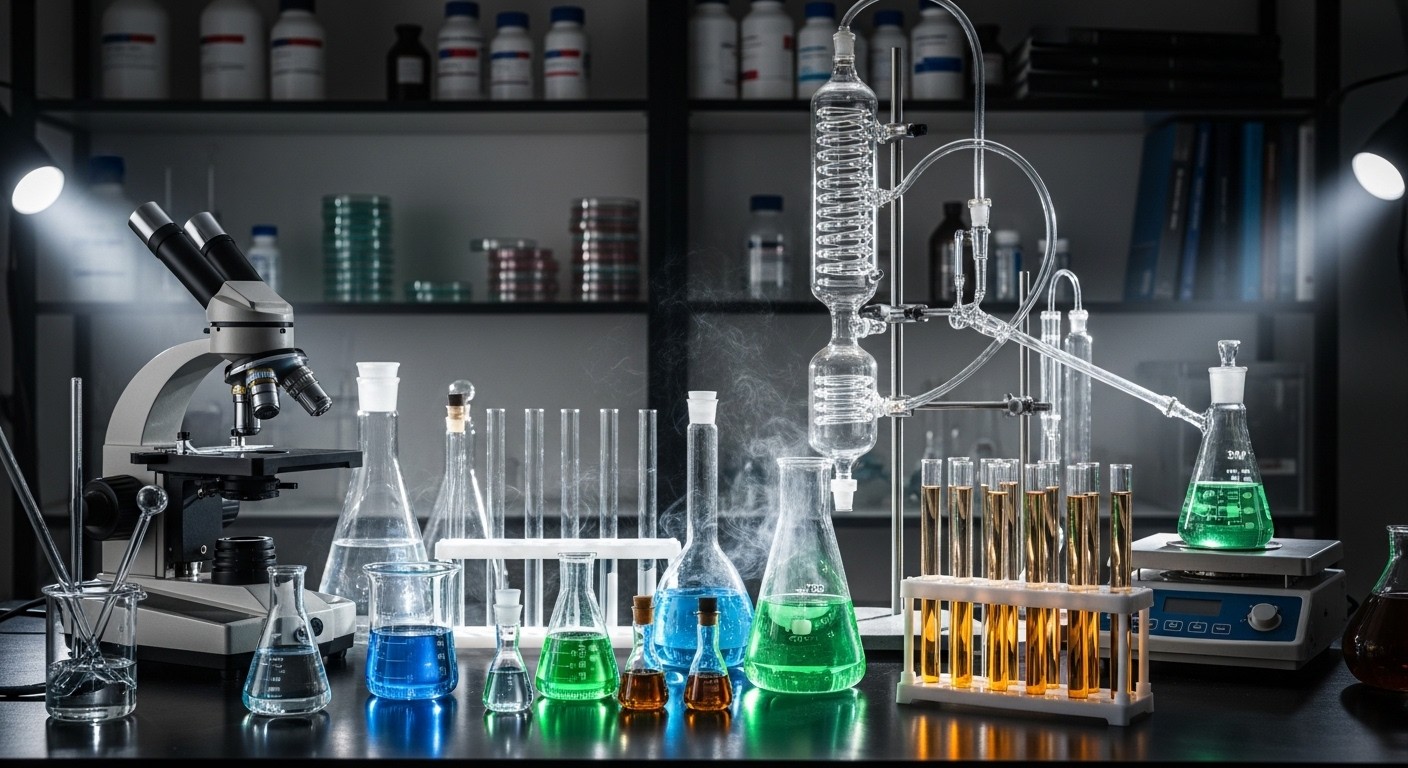 A detailed photograph of a laboratory setting with beakers, test tubes, and scientific equipment, subtly glowing with a soft light, suggesting research and discovery.
