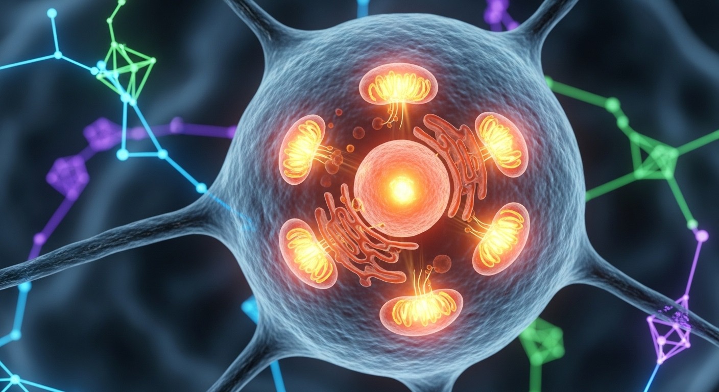 A close-up shot of a stylized human cell with glowing mitochondria, surrounded by abstract representations of energy pathways. High-tech, scientific aesthetic, vibrant colors, clear focus on the cell.