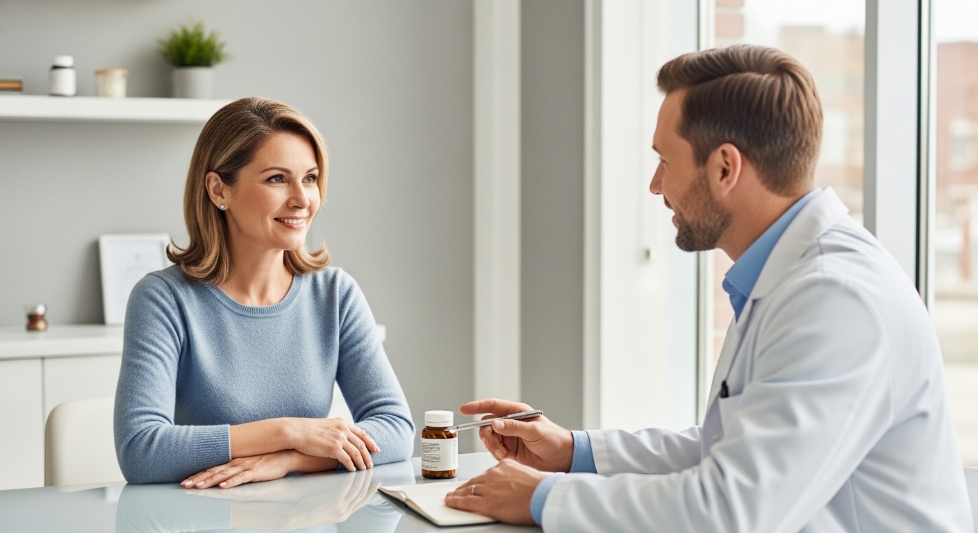 A calm woman consulting with a doctor in a bright, modern clinic setting, discussing supplements with a gentle expression.