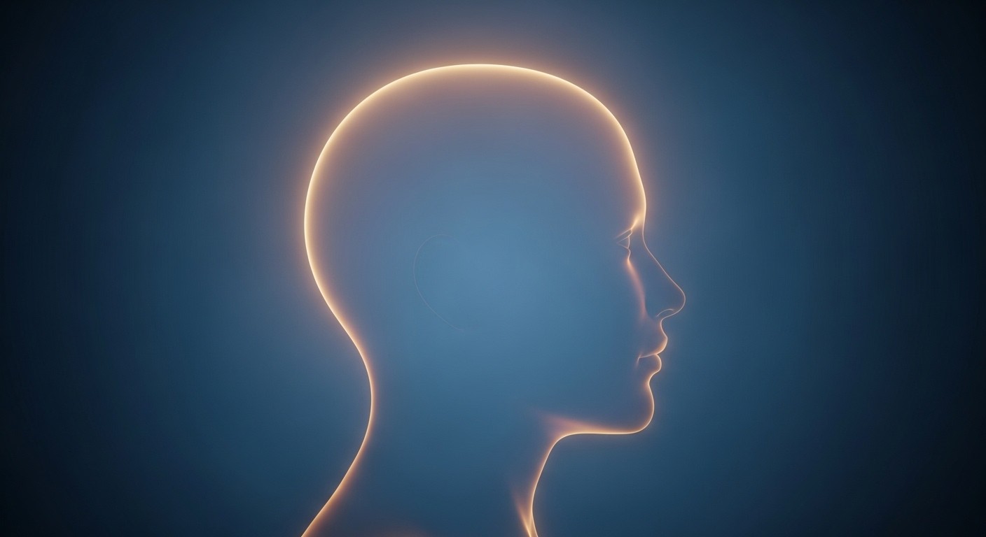 a serene image of a calm mind, perhaps a subtle glow around a human head silhouette, representing mental clarity and peace, real image, photograph