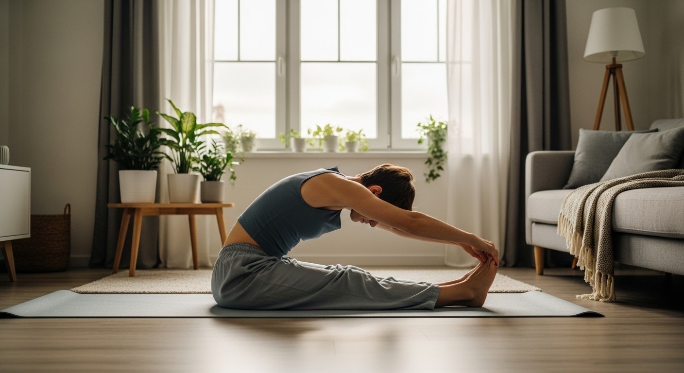 A person doing gentle stretching exercises in a bright, calm living room, promoting relaxation before sleep, no text, real image