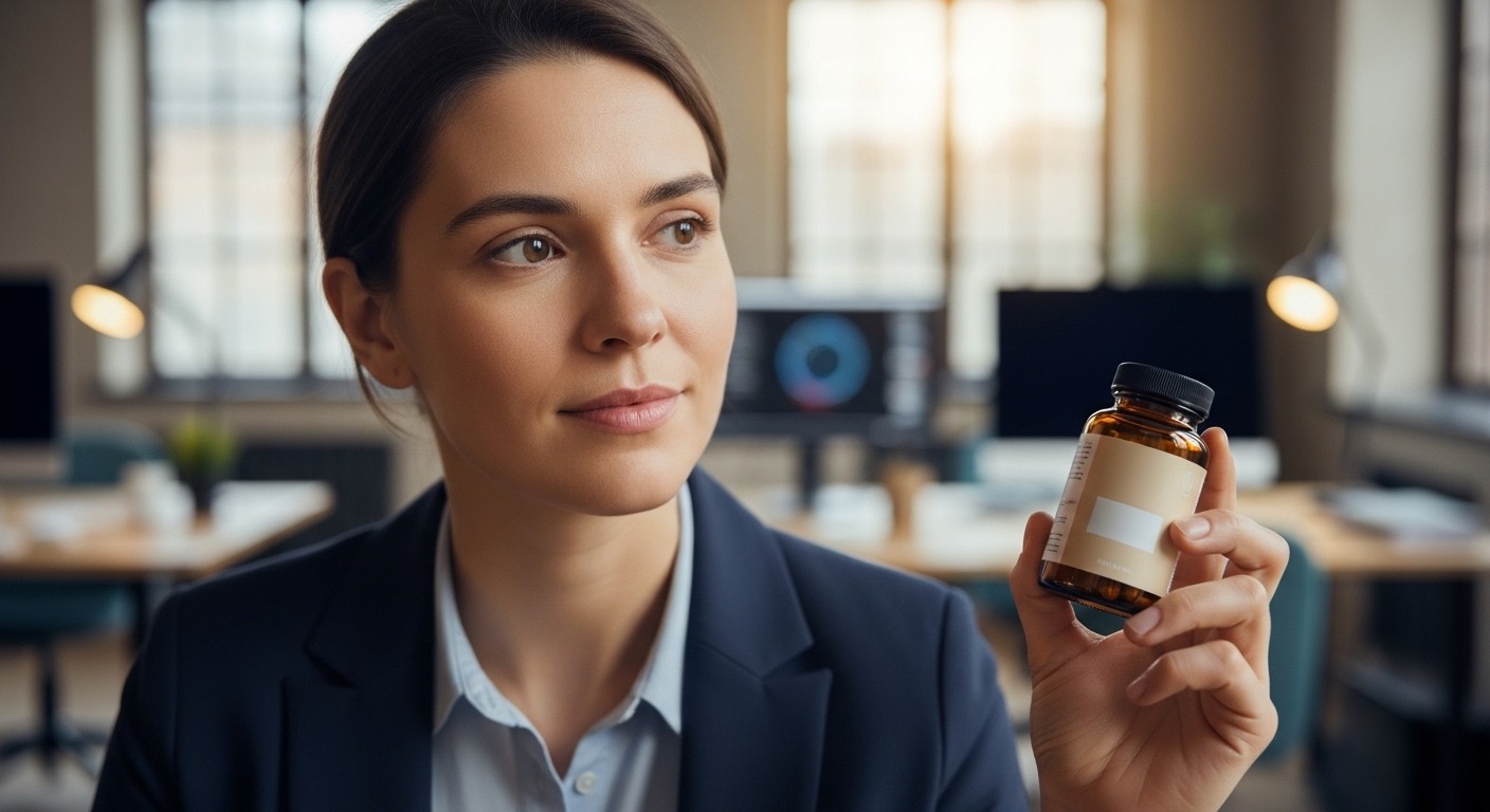 A person with a clear, focused expression, holding a small bottle of supplements. The background is a blurred, modern office setting, emphasizing health and productivity. photograph, real image