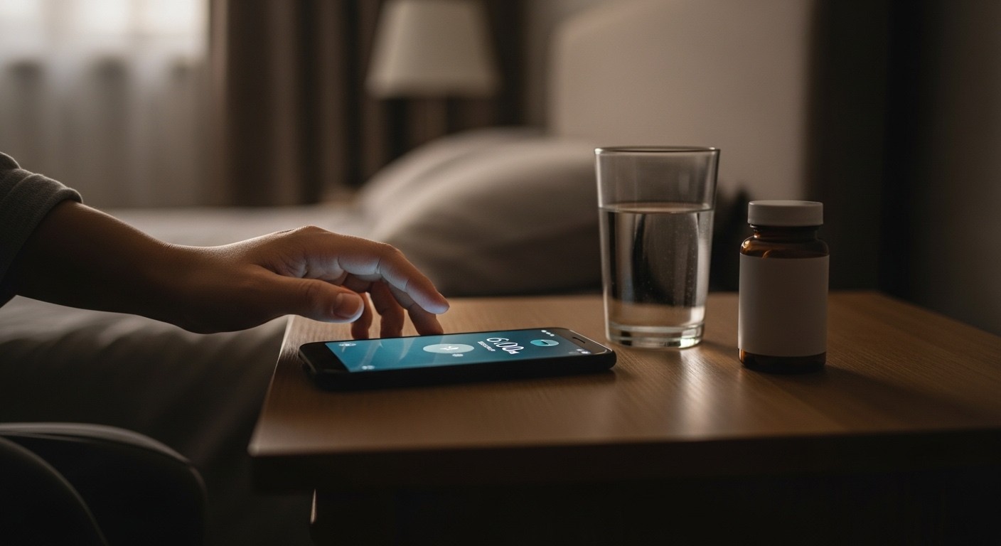 A person setting an alarm on a smartphone next to a bedside table with a glass of water and a small generic supplement bottle. The room is dimly lit, suggesting evening. Realistic photograph, no text, no branding.