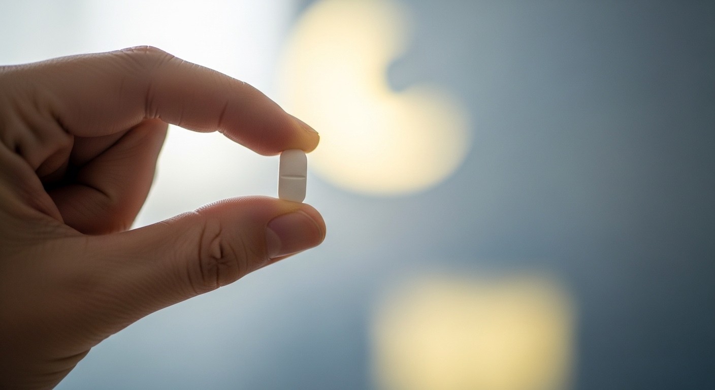 A close-up shot of a hand holding a small white pill, symbolizing a supplement for sleep. The background is softly blurred with warm, calming colors like muted blues and gentle yellows, suggesting tranquility and rest. No brand names or text are visible. photograph, real image