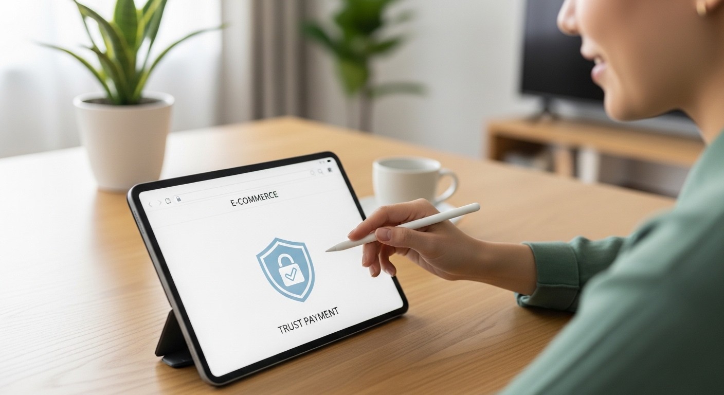 A person confidently shopping online for health supplements on a tablet, with a secure payment icon visible, emphasizing trust and ease.
