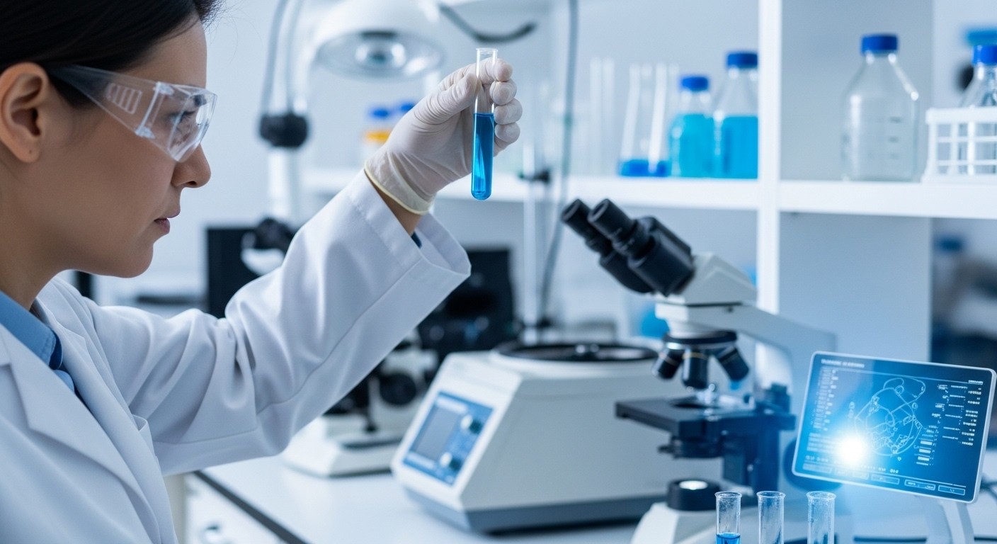 A scientist in a white lab coat meticulously examining a test tube in a modern, clean laboratory setting, with advanced scientific equipment visible in the background. The focus is on the precision and rigor of scientific research, suggesting high quality control. real image, professional photography.