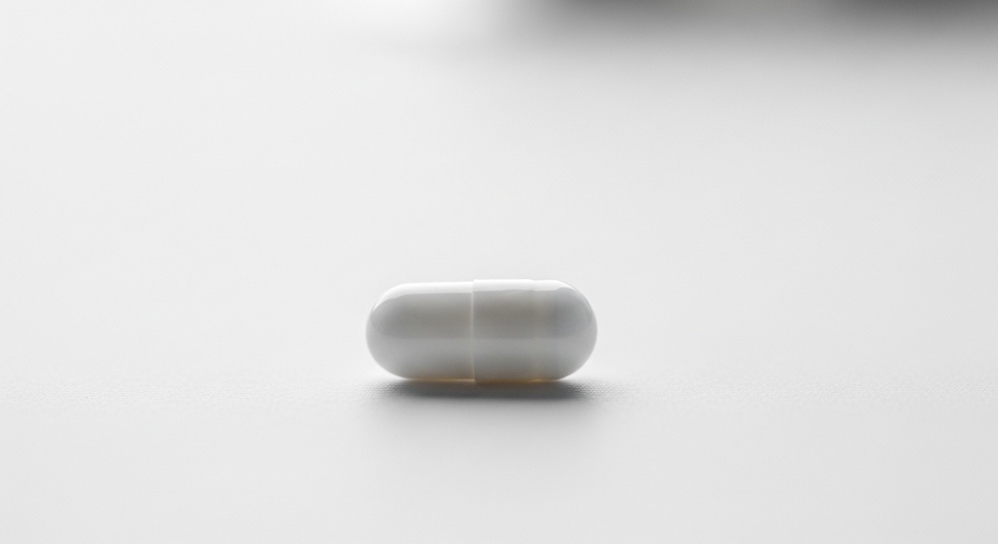 A close-up image of a single, small, white capsule, representing a supplement, placed on a clean, minimalist surface. The background is softly blurred to emphasize the capsule, conveying a sense of precision and scientific focus.
