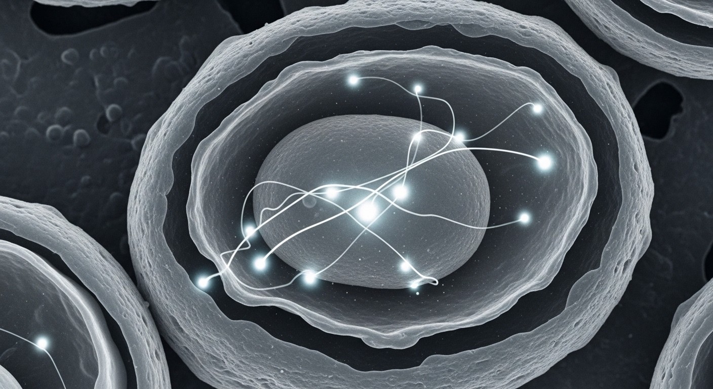 A microscopic view of mitochondria within a cell, showing energy production pathways with a subtle, bright glow. Real image, highly detailed.
