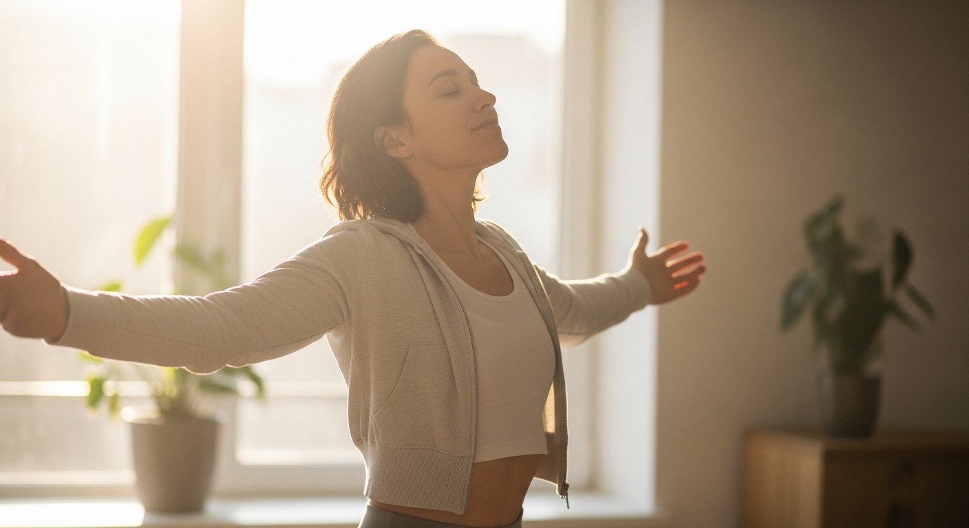 A person feeling refreshed and energized in the morning light, subtle glow, sense of mental clarity and well-being, healthy lifestyle, photograph, real image
