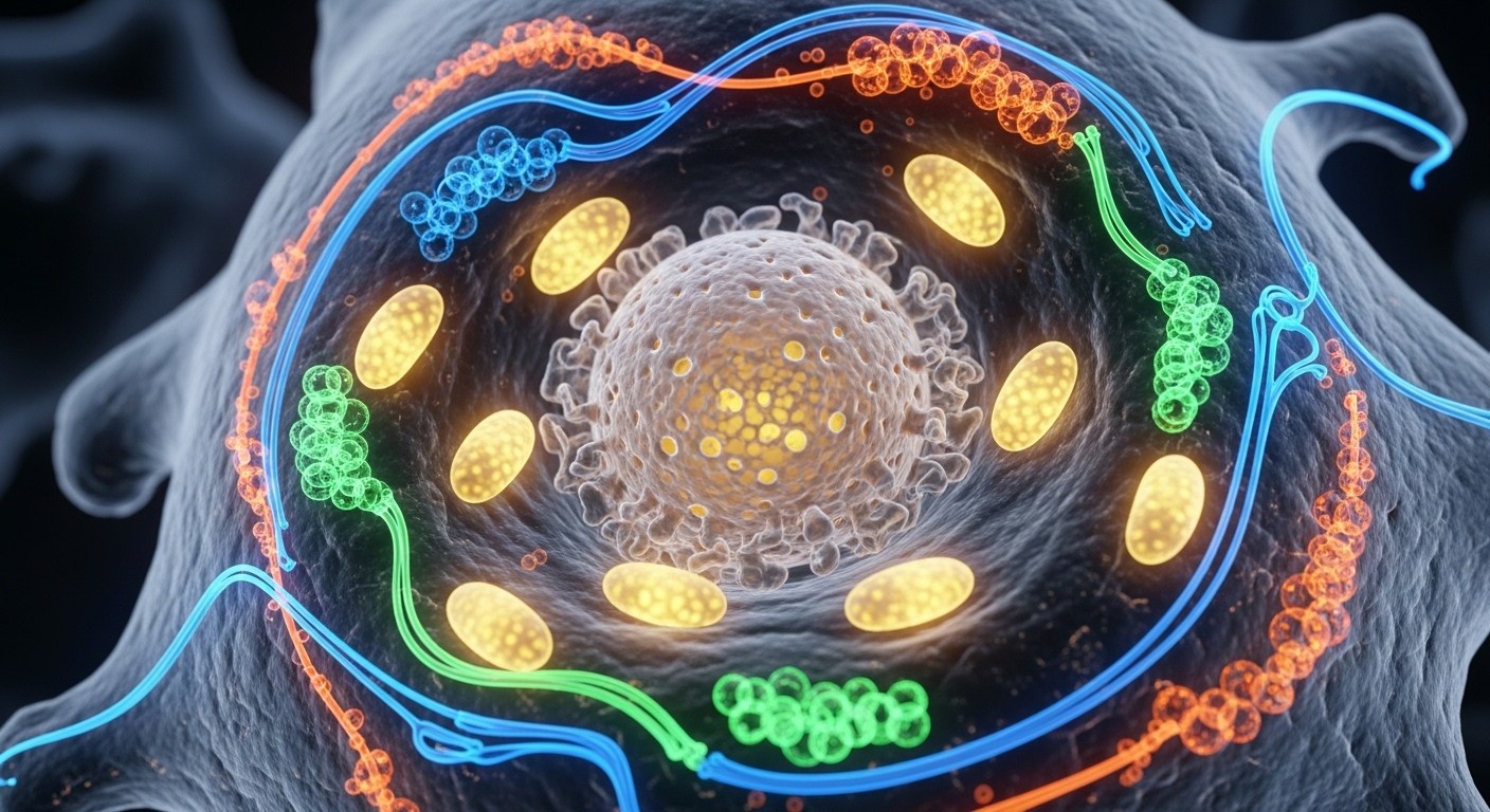A close-up image of a human cell with glowing mitochondria, surrounded by abstract representations of energy pathways and molecules. The image conveys scientific precision and vitality.