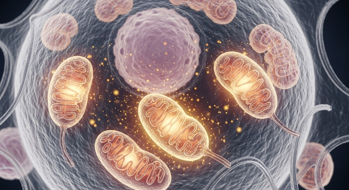 A close-up photograph of a human cell, specifically highlighting mitochondria with a subtle, glowing energy effect, symbolizing cellular vitality and energy production, in a clean, scientific aesthetic, without any text or diagrams.