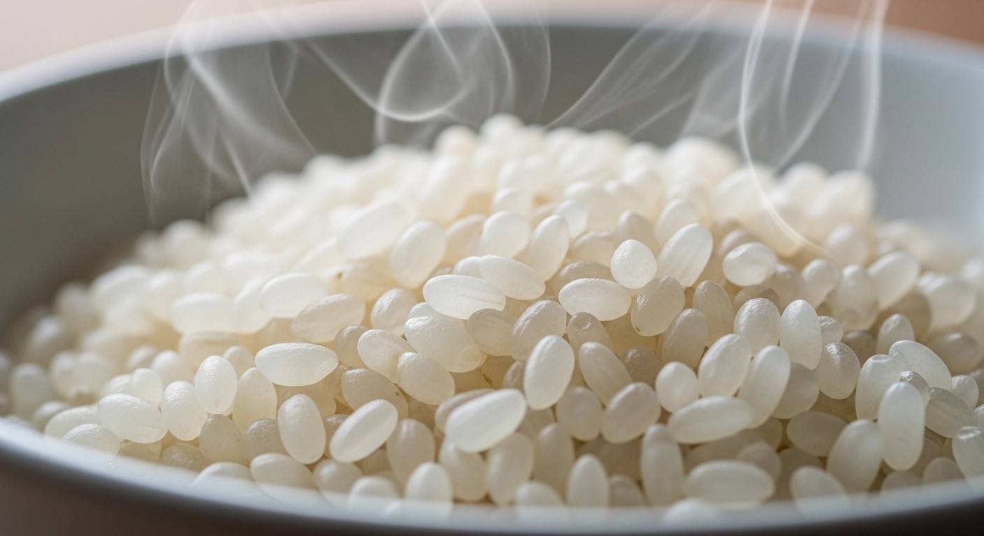 A close-up shot of a bowl of 50RICE, steaming gently, with a texture almost identical to white rice. Focus on the individual grains and their plumpness, suggesting a satisfying mouthfeel.